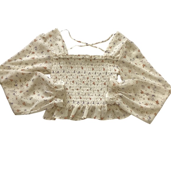Cottagecore Floral Smocked Crop Top Puff Sleeve Peasant Boho Blouse L - Picture 9 of 9